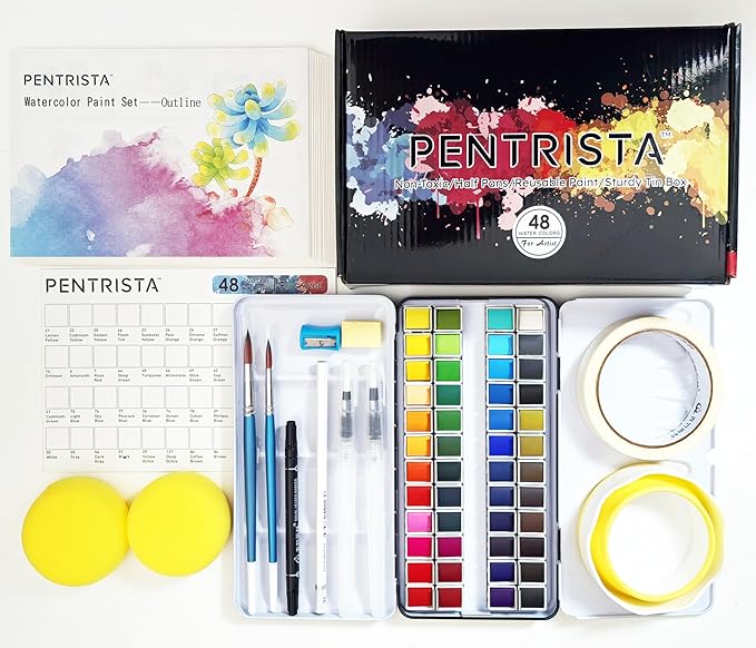 48-Color Solid Watercolor Set for Adults - 20pcs Watercolor Papers,2pcs artist brushed,2pcs water pens,Sponge & Cleaner - Perfect Travel Watercolor Kit for Artist,Beginners,Painting Lovers