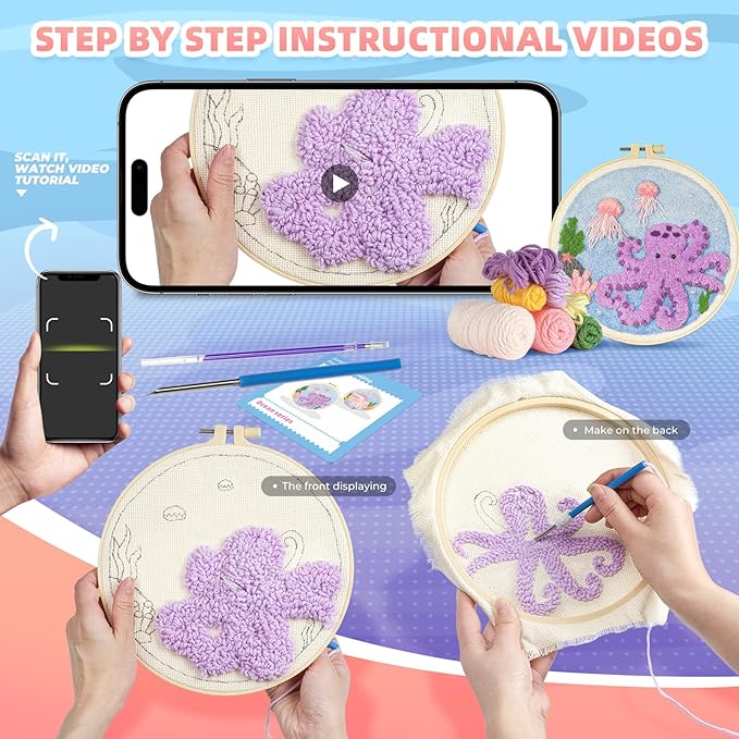 Punch Needle Kits Adults Beginner,Punch Needle kit for Beginners, Embroidery kit for Beginners,Includes All Tools and Materials,Easy to Follow Instructions and Videos-(Axolotl+Octopus)