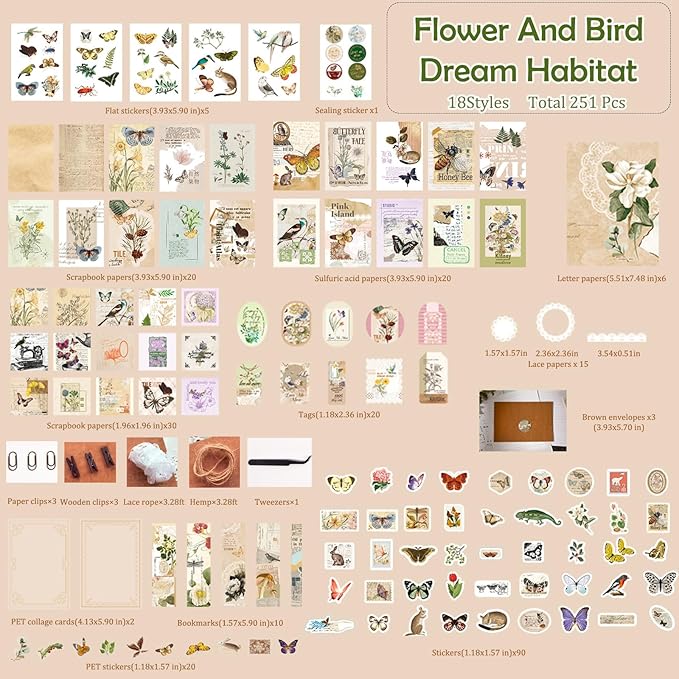 Flartmo 288 Pcs Complete Scrapbook Supplies Kit, Vintage Scrapbook Paper & Nature Animal Stickers, Junk Journal Scrapbooking Supplies Kit for Journaling, Scrapbooking Embellishments, Planner, Card