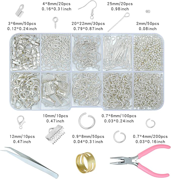 Gacuyi Jewelry Making Supplies Kit, Jewelry Repair Tools Kit with Pliers, Open Jump Rings, Lobster Clasps, Earring Hooks, Eye Pins, Findings and Beading Wires for Adults and Beginners (White Gold)
