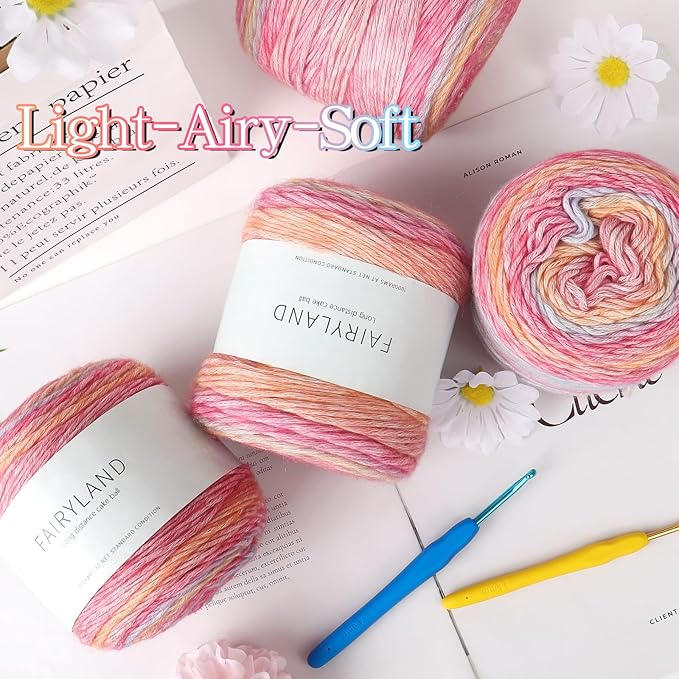 Katech Ombré Yarn for Crocheting-Gradient Cake Yarn-4x100g 60% Cotton 30% Acrylic 10% Wool-Ombre Multicolor Soft Rainbow Cotton Crochet Yarn for Scarves, Shawls, Blankets and Garments(J)