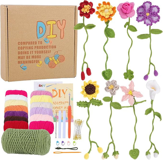 WSICSE 8 Pcs Crochet Flower Bookmarks, Handmade Floral Bookmark Knitting Kit with English Instructions Hook Yarn for Easter Decorations Gifts Book Lovers
