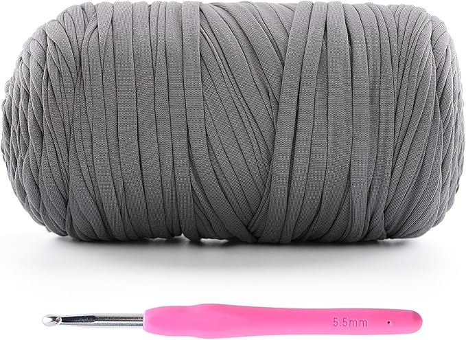 1 Pack T-Shirt Crochet Yarn for DIY Knitting Crochet Cloth Blanket Bag Dolls - 400g Chunky Thick Yarn for Crocheting with Polyester-Spandex Blend Elastic Fabric (Light Gray)