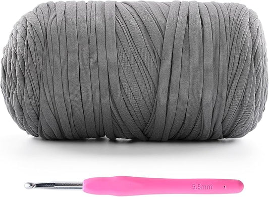 1 Pack T-Shirt Crochet Yarn for DIY Knitting Crochet Cloth Blanket Bag Dolls - 400g Chunky Thick Yarn for Crocheting with Polyester-Spandex Blend Elastic Fabric (Light Gray)
