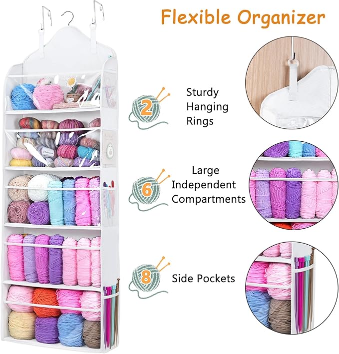 MYBAGZING Hanging Yarn Storage Organizer with Zipper Pockets, 5 Tiers Over the Door & Closet Yarn Holder, Large Crochet & Knitting Organizer with Side Pockets for Hooks, Needles & Accessories