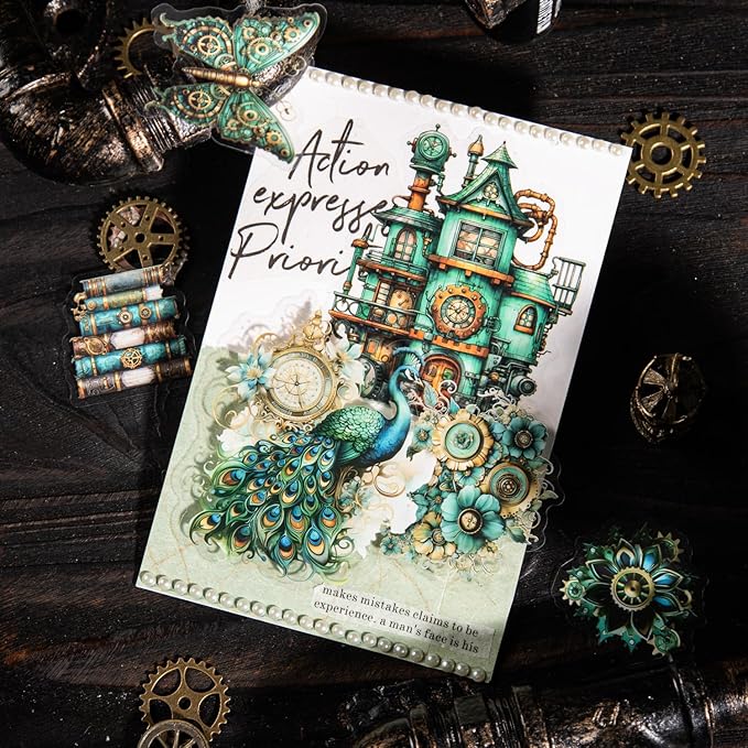120Pcs Steampunk PET Stickers, Scrapbook Stickers Kit for Journaling, Ephemera Packs for Junk Journals, with Sticker Organizer