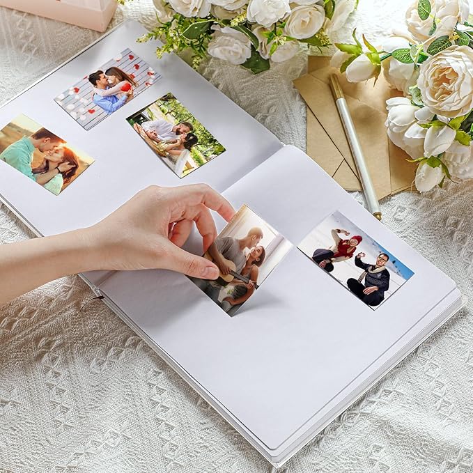 Colarr Hardcover Couples Scrapbook 144 Pages 8.7 x 8.7" Valentine Couples Photo Album Scrapbook Journal for 1 Year Wedding Memory Anniversary Photo Book Gift with 2 Markers(White)