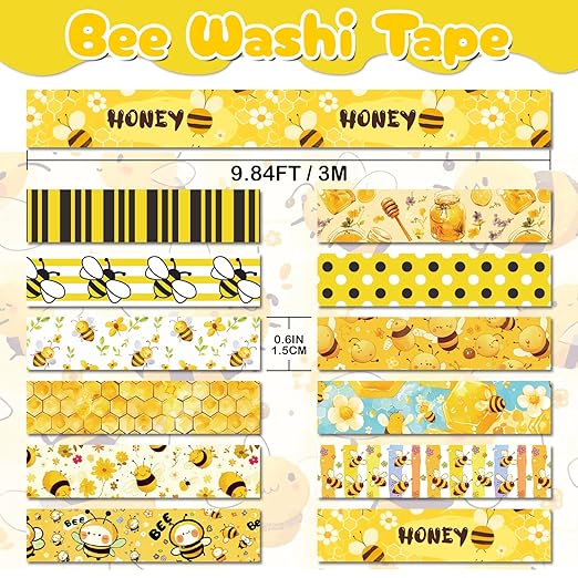 Bee Washi Tape Set,12 Rolls Honey Daisy Decorative Tape Yellow Black Bumblebee honeycombs Masking Tape for Journaling Supplies, Junk Journal, Scrapbooking, DIY Arts & Crafts, Gift Wrapping