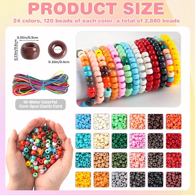 2880Pcs Pony Beads for Jewelry Making, Boho Color Plastic Pony Beads Bulk, 6×9mm Friendship Bead Bracelet Kit for Hair Braiding, Keychains, Necklaces, DIY Crafts Gifts