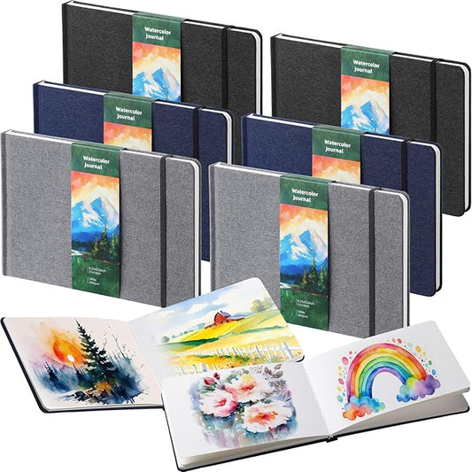Mooliwe 6 Pcs Watercolor Sketchbook Journal Small Paper Watercolor Journal Bulk for Painting 300 GSM 140 LB Cotton Cold Press for Gifts(8.25" X 5.5",Classic Color)