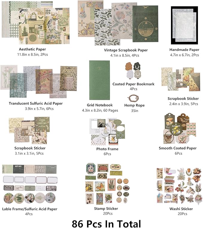 YagCu Aesthetic Scrapbook Kit, Junk Journal Scrapbooking Supplies, Vintage Journaling Set Bullet Journals Material, Large Collection for Women Adults Beginners, Arts Craft Ephemera