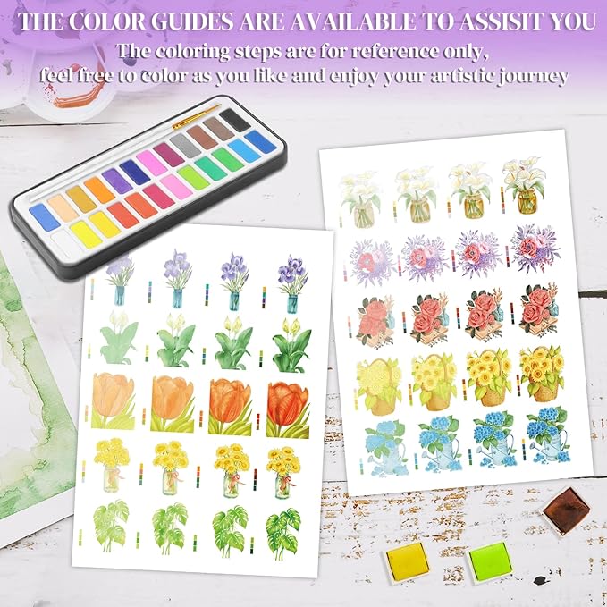 Vashly Watercolor Coloring Book Kit for Adults - Complete 24-Color Paint Set with Brush, 8.3"x5.8" Premium 100% Cotton Paper Pad, Beginner-Friendly Floral Art Therapy & Stress Relief Workbook