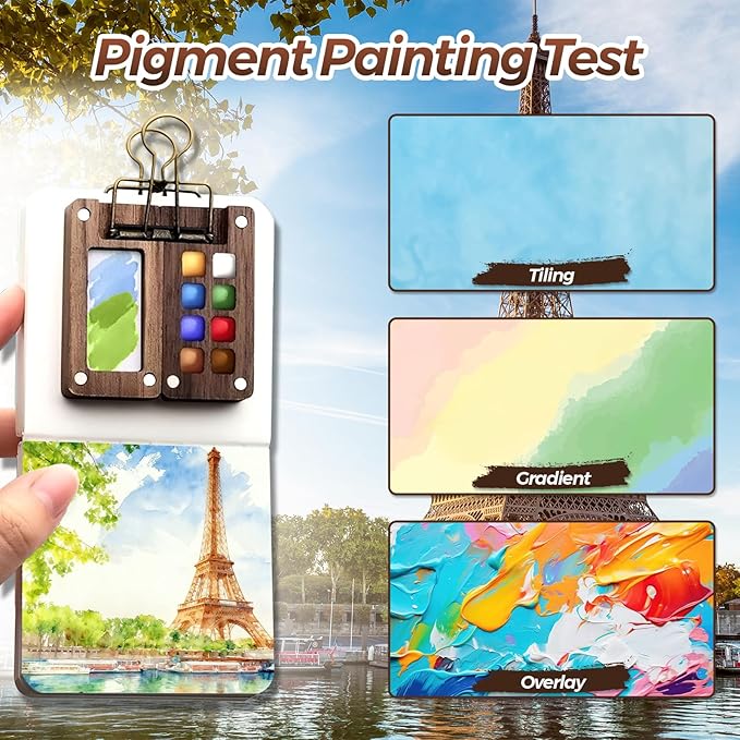 Joyzan Mini Watercolor Travel Paint Set, Portable Water Color Painting Pocket Kit Artist Watercolour 12 Colors 8 Grids Palette Binder Clips Sketchbook Pens Painter Beginner Sketchers Outdoor Student