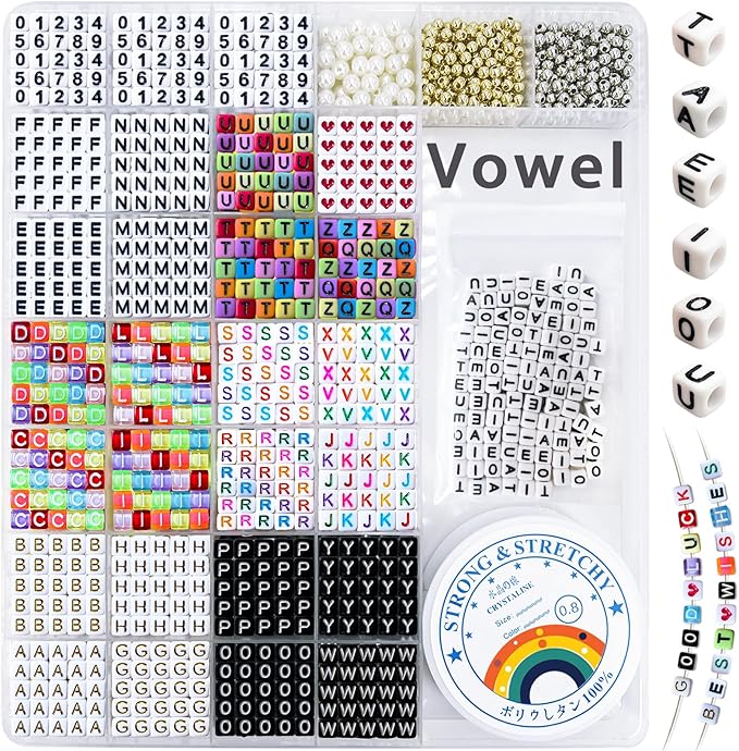 MIIIM 1650 Pcs Pony Beads Letters for Bracelets Making, Vowel-Rich Alphabet Kit with Minimized Rare Characters, 6x7mm Large Hole Square Letter Beads, Numbers (Six Styles)
