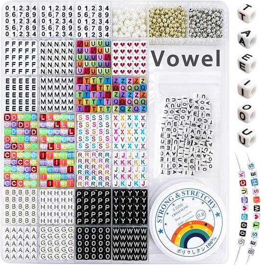 MIIIM 1650 Pcs Pony Beads Letters for Bracelets Making, Vowel-Rich Alphabet Kit with Minimized Rare Characters, 6x7mm Large Hole Square Letter Beads, Numbers (Six Styles)