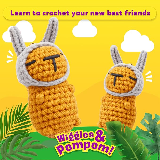 Berstuk Wiggles & Pompom – Hoppy Capybara Crochet Kit for Beginners – Easy Amigurumi Animal Kit with Yarn, Hook, Keychains & Video Tutorials – Cute DIY Gift for Adults & Teens