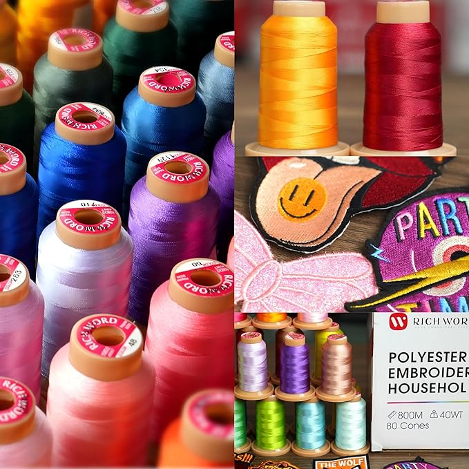 Poolin Embroidery Machine Thread Richword Selected 800M 40 Colors 40WT(108D/2) Polyester Embroidery Thread Set for Embroidery & Sewing Machines, Ideal for Multi-Design Projects