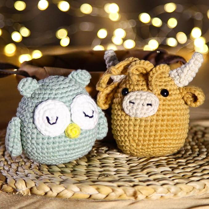 CrochetBox Crochet Kit for Beginner, Highland Cow and Owl Learn How to Crochet Stuffed Animals Gift for Adults and Teen(), Knitting Set with Yarn Hook Stitch-by-Stitch Video Tutorial