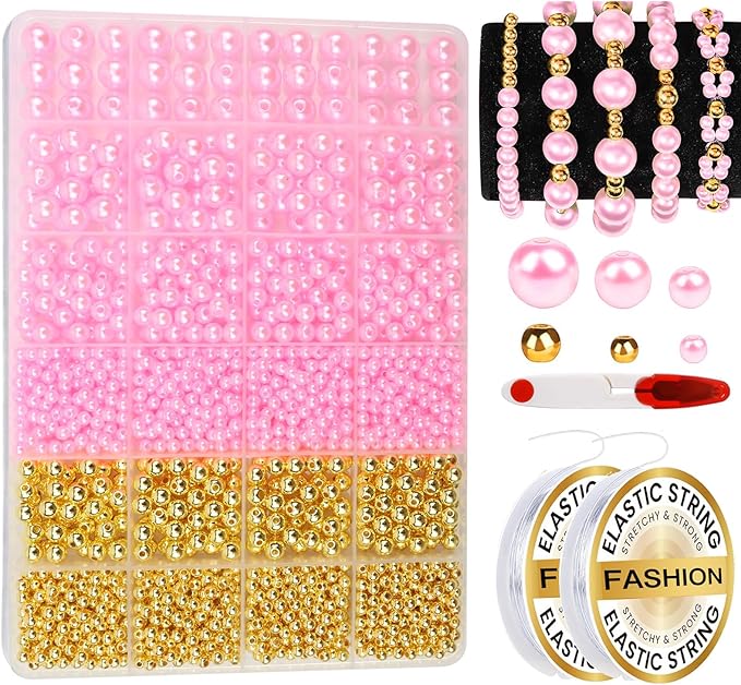 2116PCS Beads for Bracelets Pink Pearl Bracelet Making Kit Bracelet Kits Bracelet Bead Kits Small Pearl Beads and Gold Bead Beading Kit for Bracelets Jewelry Making Kit for Adult