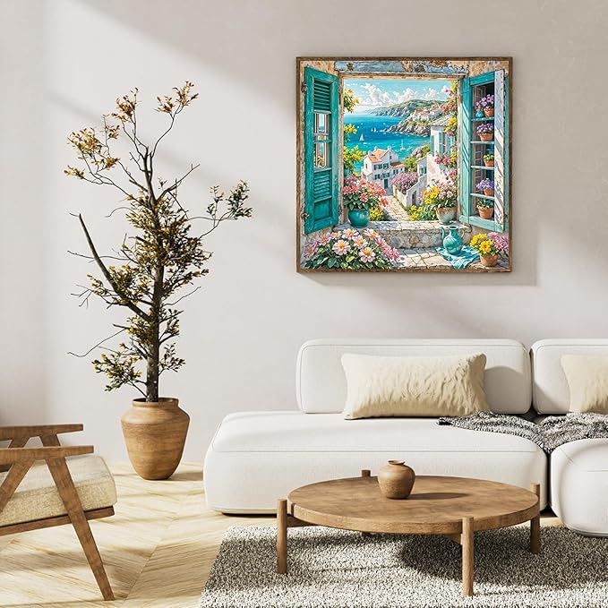 Paint by Numbers Kit for Adults Beginner Seaside Scenery, Adult Paint by Number Kits on Canvas, Window Landscape DIY Acrylic Oil Painting by Numbers for Adults, Perfect for Home Wall Decor 16X16 Inch