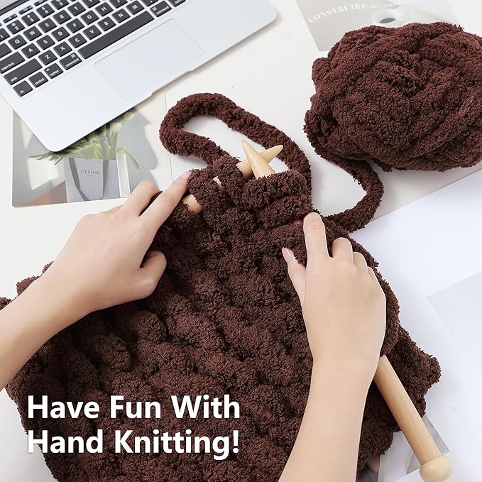Chunky Yarn for Hand Knitting - #10 Chunky Chenille Yarn, Jumbo Big Thick Chunky Yarns for Crocheting, Super Bulky Chunky Knit Blanket Yarns, 8 Skein (25 yds 8 oz Each Skein), Dark Coffee
