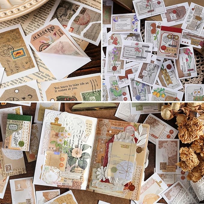 6 Sets 300 Pcs Washi Stickers Book, Vintage Aesthetic Sticker Set for Journaling Scrapbook Decoration Bullet Journal,Stamps Flowers Ticket Theme Stickers for Art Diary Craft Planner