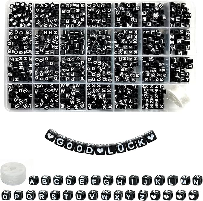 Amaney 810pcs Black Letter Beads 6x6mm Cube Acrylic Alphabet Beads and Cristal Line for Jewelry Making Bracelets Necklaces Key Chains