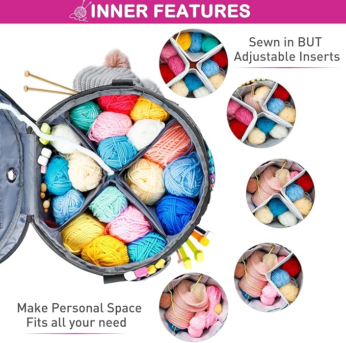 Expandable Yarn Storage Organizer, Crochet Bag & Yarn Tote with Zipper Closure, Yarn Holder for Crocheting and Knitting for Yarn Skeins, Hooks, Needles,Accessories – Gift for Crafters