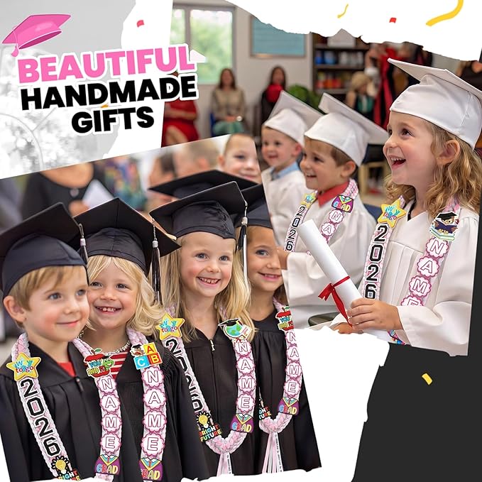 Juexica Kindergarten Graduation Ribbon Leis Class of 2026 Braided Necklace Making Kit with Alphabetic Decorative Cards Preschool Kids Grad Graduation Party Gifts(Pink, White)