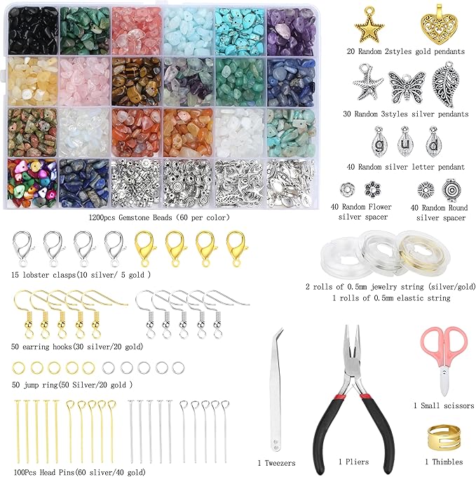 LAIDANLA Jewelry Making Supplies Kit for Adults 1612 Pcs Irregular Natural Stone Gemstone Chip Beads Jewelry Making Kits for Women 20 Colors Jewlery Kit for Craft DIY Bracelet Earring Ring Gifts