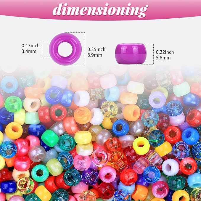 Plastic Pony Beads for Jewelry Making, 1200 Pieces, Multi-Color, 0.35 x 0.22 inch, DIY Craft Beads for Bracelets and Hair Braids (Mixed Color)