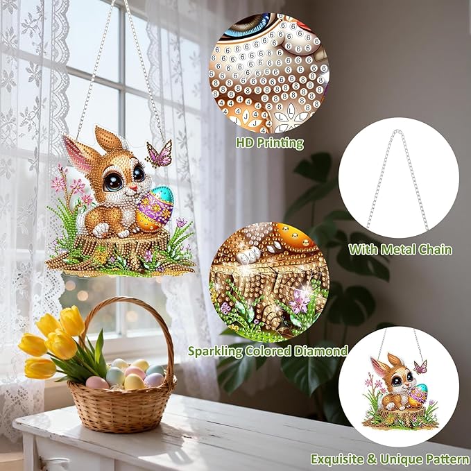 DOMROM Rabbit Diamond Art Hanging Kit for Adults, Easter Special Shaped Crystal Diamond Painting Rabbit Pendant, DIY Diamond Art Suncatcher Animal for Home Garden Wall Decor Gift