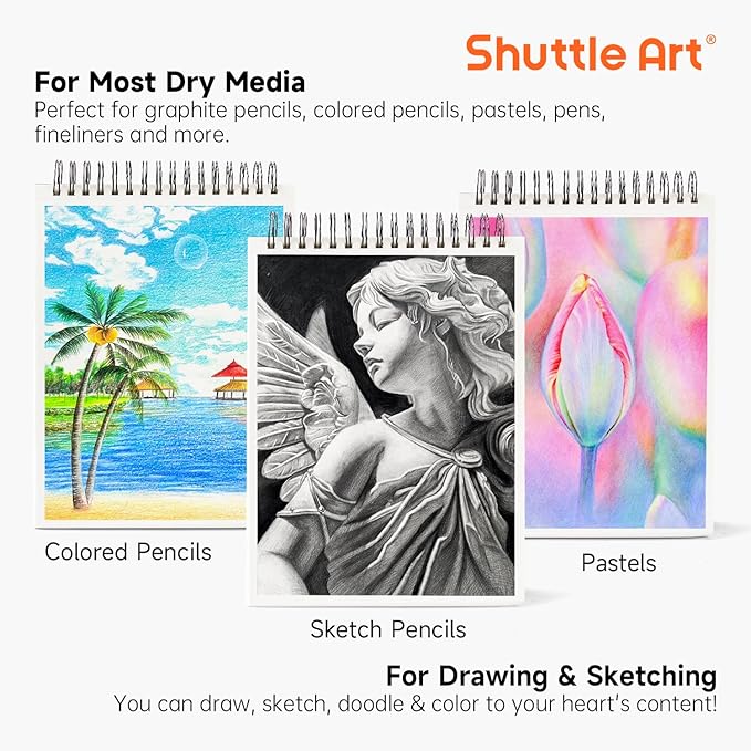 shuttle art 9”x12” sketch pad, 260 sheets (68lb/100gsm) drawing pad, pack of 2, 130 sheets each, spiral bound sketch book, durable acid-free drawing paper, great sketch pad for kids, teens & adults
