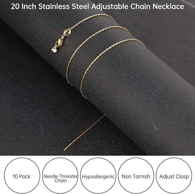 GTVOODX 10pcs Gold Plated Adjustable Thin Necklace Chains Bulk for Jewelry Making Stainless Steel 0.75mm Rectangle Cable Chains with Adjust Clasp for Women
