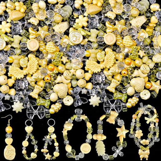 ABONDEVER 245-300Pcs Assorted Acrylic Beads for Bracelets Making Cute Star Bow Flower Candy Heart Gummy Bear Butterfly Beads for DIY Jewelry Crafts Keychain Necklace Phone Charms(Yellow)