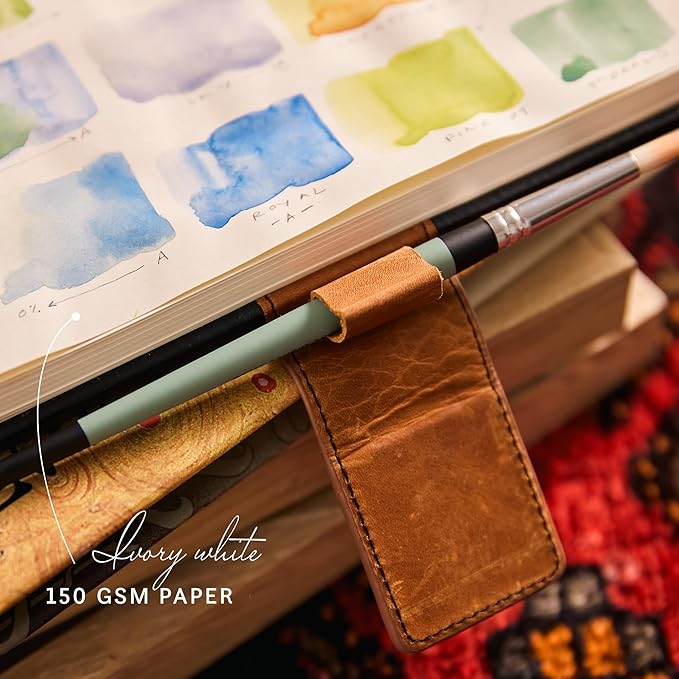 Luxury Leather Sketchbook, Hardcover Drawing Notebook, Pen Loop/Magnetic Closure, Acid Free 150gsm Thick Paper, Full Grain Leather Artisan Collection by Leatherpress (9.3” x 7.8” x .9”)