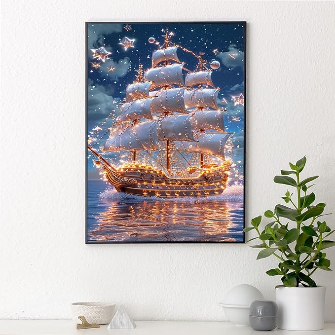 Yezavesu Pirate Ship Diamond Art Kits for Adults, 5D Diamond Painting Kit for Beginners, DIY Round Full Drill Painting with Gem Art Craft Kits for Home Wall Decor 12x16 Inch