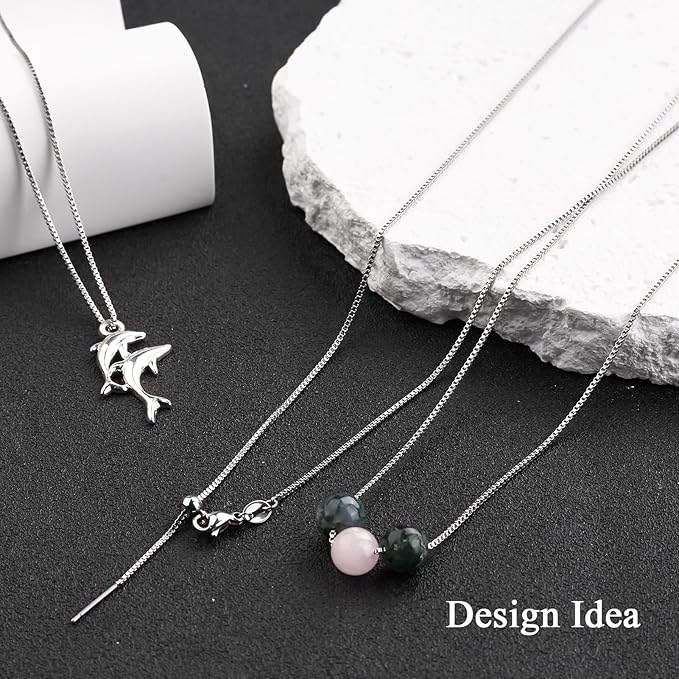 10 Pack Stainless Steel Dainty Box Chain Bulk 20Inch 1.1mm Adjustable Charm Necklace Chains With Rubber Stopper for Jewelry Making