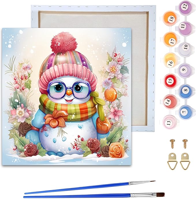 Reofrey Framed Paint by Numbers Kit for Adults & Beginner - 8x8 Inch Canvas Christmas Paint by Numbers - Snowman Educational & Creative Art Set for Beginners - Perfect for Home Wall Decoration