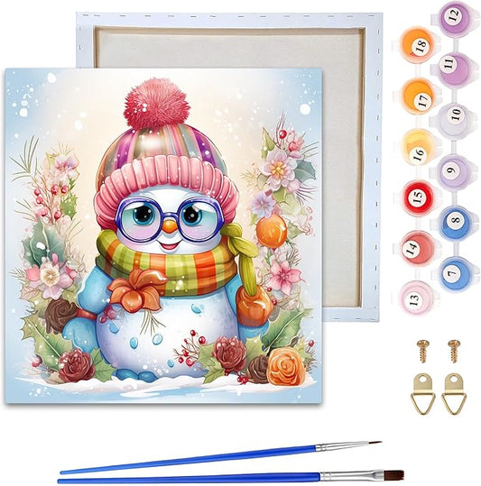 Reofrey Framed Paint by Numbers Kit for Adults & Beginner - 8x8 Inch Canvas Christmas Paint by Numbers - Snowman Educational & Creative Art Set for Beginners - Perfect for Home Wall Decoration