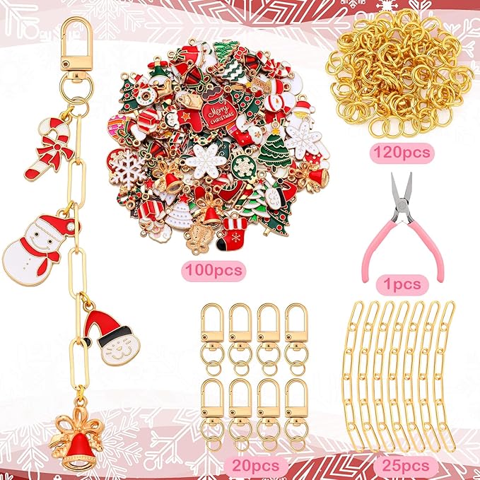 Tondiamo 266 Pieces Christmas DIY Gold Keychain Making Kit Bat Christmas Tree Santa Charm Jewelry Making Snowflakes Stocking Ornaments Bulk for Key Ring Art Adults Women Bag Gift