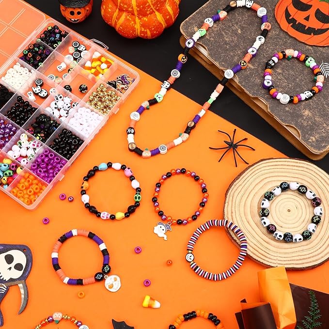 UPINS 2100PCS+ Halloween Beads Bracelet Making Kit, Halloween Clay Beads Spacer Beads for Jewelry Making, Polymer Clay Pony Letter Beads Charms for DIY Jewelry Projects