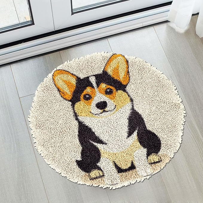 Latch Hook Rug Kit Cute Corgi Dog Stamped Handmade Round Shape Carpet Crochet Yarn Craft DIY Hook and Latch Door Mat Tapestry for Home Floor Decor 50x50cm(4)