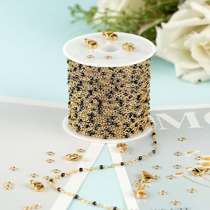 UMAOKANG 10 Meters Gold Plated Chains for Jewelry Making Black Enamel Bead Stainless Steel Link Chain on Spool