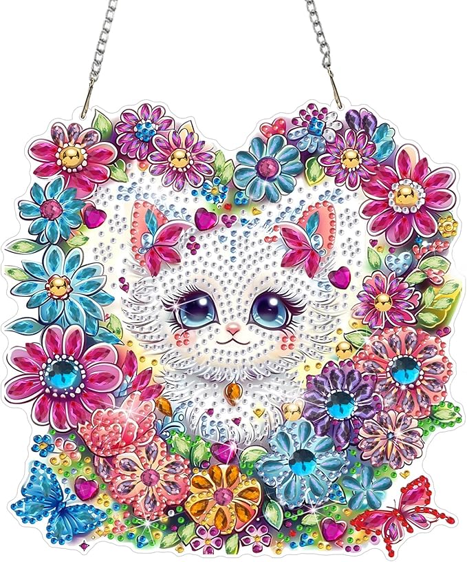DOMROM Cat and Flower Diamond Art Hanging Kits for Kids Beginners, Special Shaped Crystal Diamond Painting Cat Pendant, DIY Diamond Art Suncatchers Animal for Home Garden Wall Decor Gift