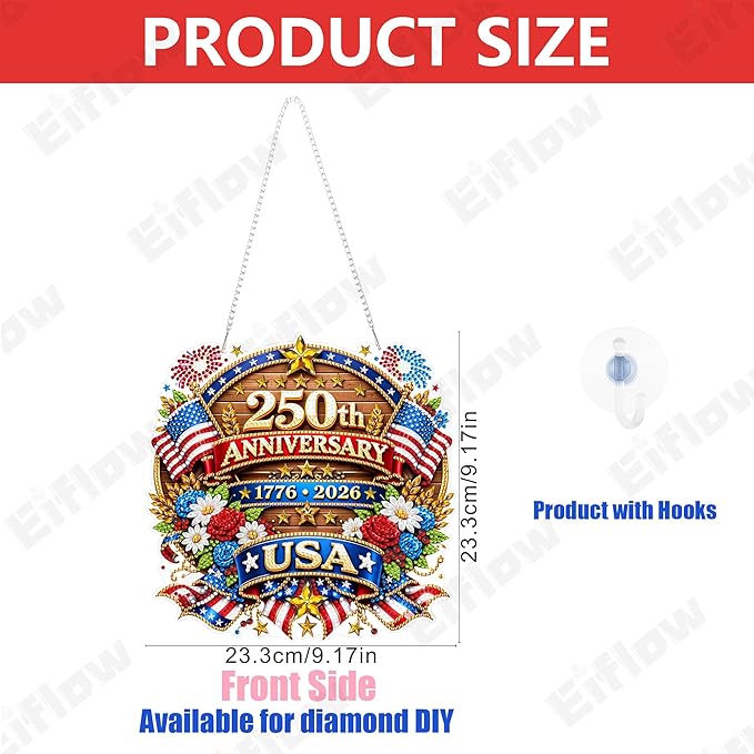 Eiflow 250th Anniversary USA Diamond Art Hanging Kit for Adults, DIY Acrylic Diamonds Painting Door Hanger Board Kit, Crystal Diamond Art Painting Pendant Ornament (4th of July Eagle)