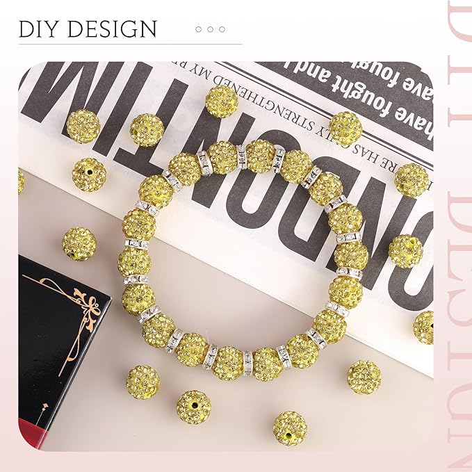 200 pcs light yellow rhinestone beads for jewelry making, sparkle crystal clay christmas for bracelet baseball necklace earring crafting and diy, shiny round shamballa disco ball beads bulk