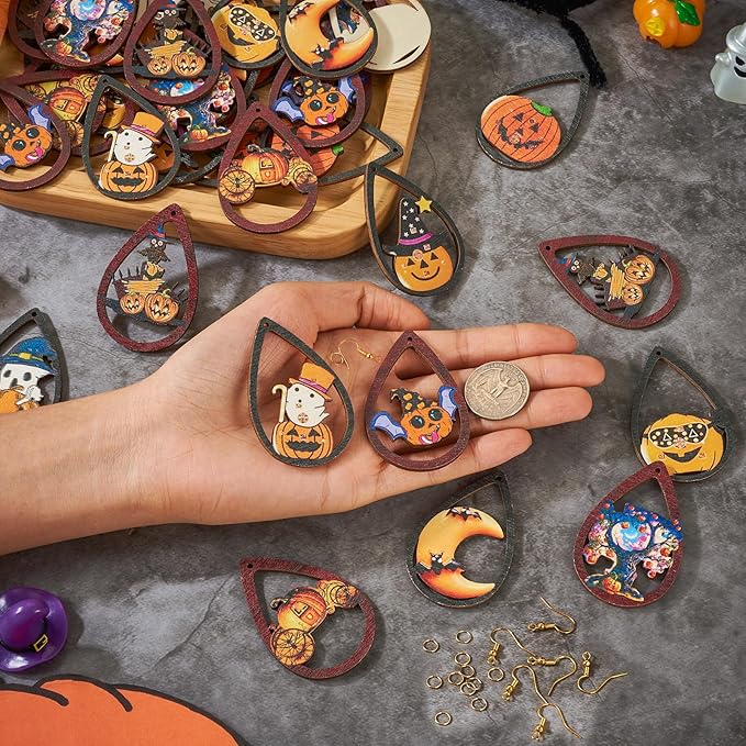 Beadthoven 20 Pairs DIY Halloween Wood Dangle Earring Making Kit Halloween Pumpkin Printed Wood Pendants Hollow Teardrop Charms Hanging Ornaments Earring Hooks Jump Rings for Jewelry Making Adult
