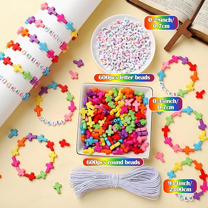 Highergo 1200 Pcs Easter Cross Beads for Jewelry Making, Religious Beaded Bracelet DIY Bead Craft Kit Stretch 944 Inch Elastic Cord for Spring Easter Sunday School VBS Party Decor