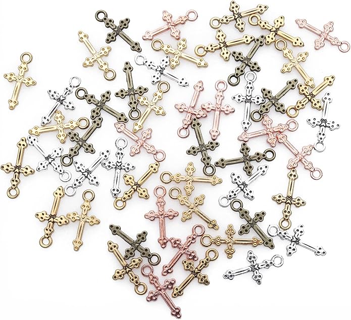 50 Pcs Vintage Crucifix Pendants Beading Charms with Hole Metal Religious Antique Silver Gold Bulk Cross for Jewelry Making Kit DIY Bracelet Necklace Earring Keychain Accessories Supplies